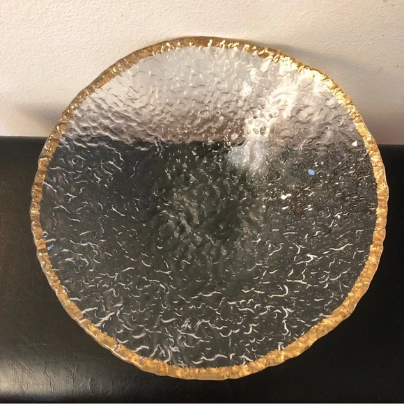 Mid Century Modern Large Glass Bowl with Gold Trim and Wavy Glass 1950s